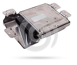 Plastic car engine control unit with metal elements on a white isolated background is the connecting center of various subsystems