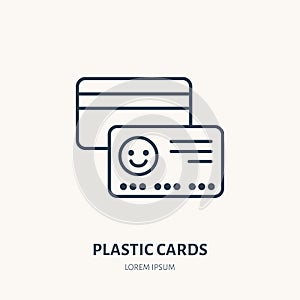 Plastic cards flat line icon. Vip, credit or gift card sign. Thin linear logo for printery, design studio photo
