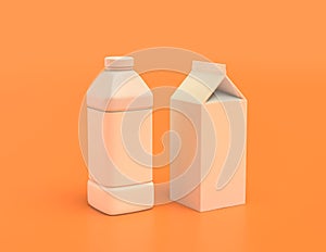 Plastic and carton milk or juice container in yellow orange background, flat colors, single color, 3d rendering