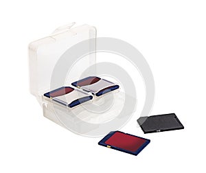 Plastic case for SD card storage or Memory card box isolated on white background