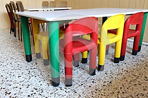 Plastic chairs and small tables in the nursery class