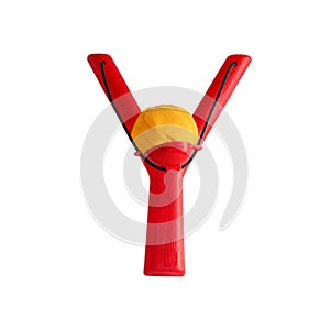 Plastic children's slingshot isolated on white background, red