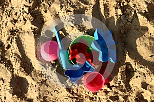 Plastic children toys, molds in a sandpit or on a beach