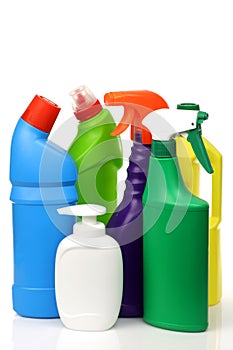 Plastic cleaning bottles in various colors photo