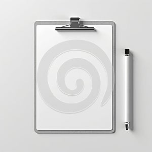 plastic clipboard with paper sheet with pencil and white background.