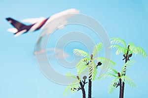 Plastic coconut palm tree with airplane model in background, Sum