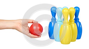 Plastic colored skittles for bowling game. Kids toy