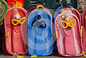 Plastic coloured sledges at Nanshan Ski Village, China