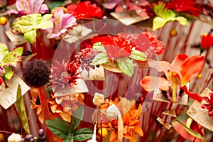 Plastic colourful flowers. Background texture.