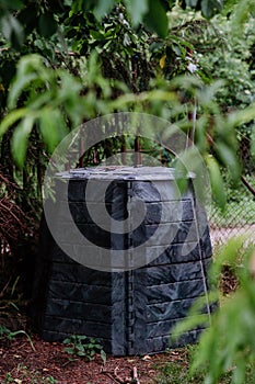 Plastic compost box in garden. Concept of waste separation, reusing of waste, fertilizer. photo