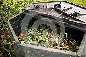 Plastic composter in a garden