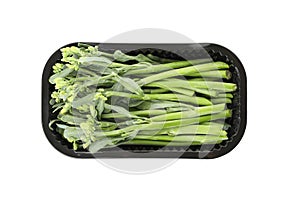 Plastic container with broccolini isolated on white background