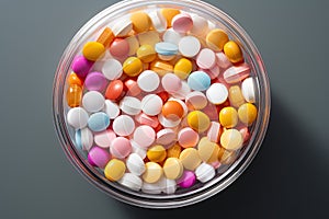 Plastic container with coloured pills on black background