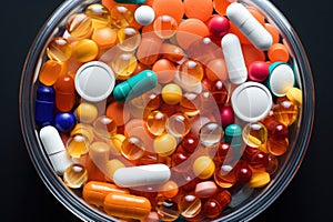 Plastic container with coloured pills on black background