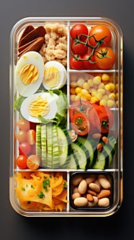 A plastic container filled with vegetables and eggs, AI