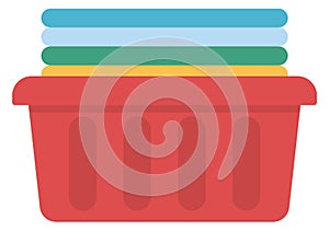 Plastic container with folded clean clothes cartoon icon