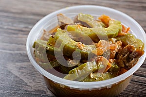 plastic container of ginisang ampalaya, Filipino food