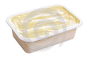 Plastic container with melted cheese isolated on white