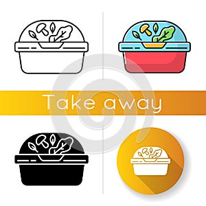 Plastic container for salad icons set. Linear, black and RGB color styles. Reusable lunchbox. Takeaway food package with