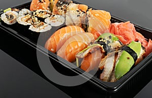 Plastic Container with Sushi Set Ready for Takeout Delivery