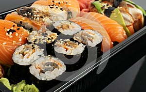 Plastic Container with Sushi Set Ready for Takeout Delivery