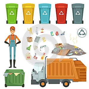 Plastic containers for different trashes. Vector illustration of garbage harvester and dustman photo