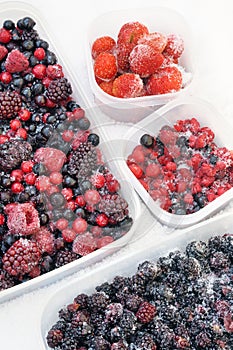 Plastic containers of frozen mixed berries in snow photo