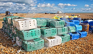 Plastic containers recycled into lobster pots. Dungeness, Kent.