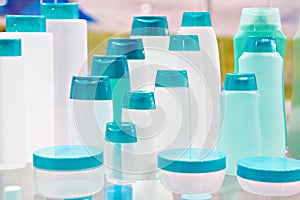 Plastic cosmetic bottles shampoo and jars