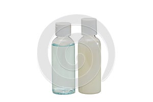 Plastic cosmetic travel bottles with lids. Container bottle for shampoo and gel. Isolated over white background