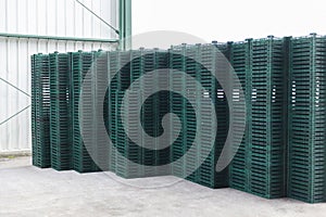 Plastic crates for berries in a pile