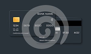 Plastic Credit Card Mockup Design. Blue Mock Up of Debit Bank Card with Golden Chip. Template of Front and Back Plastic