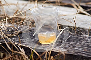 Plastic cup with beer on wood