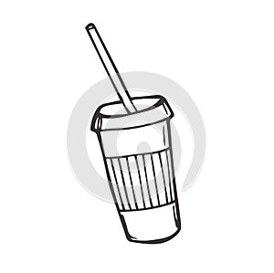 Plastic cup of chocolate coffee hand drawn outline doodle icon. Takeaway coffee vector sketch illustration for print, web, mobile