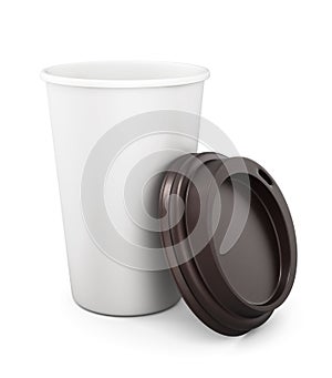 Plastic cup of coffee with an open lid on a white background. 3d rendering.