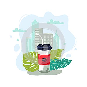 Plastic cup coffee is on urban view background