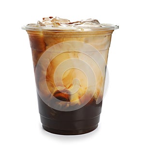 Plastic cup of cold coffee on white background