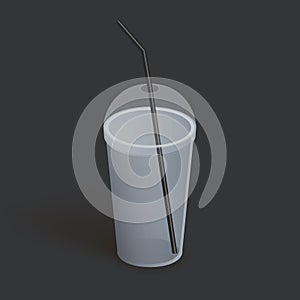 Plastic cup with lid for coffee, tea, smoothies, juice. Realistic empty glass. Vector illustration on dark background.