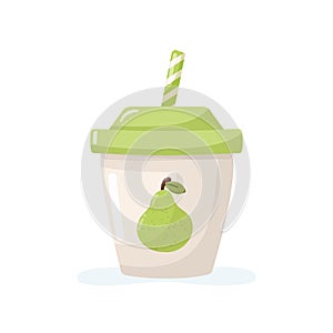 Plastic cup pear soda. Fruit illustration