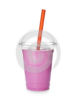 Plastic cup with tasty milk shake