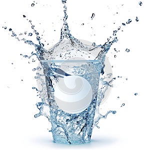 plastic cup of water with white circle label splashing water on white background