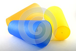 Yellow and blue plastic cups