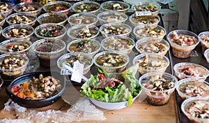 Plastic cups of ceviche at the fish market in Puerto Montt, Chi