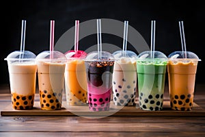 Plastic cups of different tasty bubble tea. Row of fresh boba bubble tea glasses. Generative AI