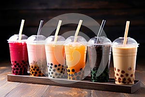 Plastic cups of different tasty bubble tea. Row of fresh boba bubble tea glasses. Generative AI