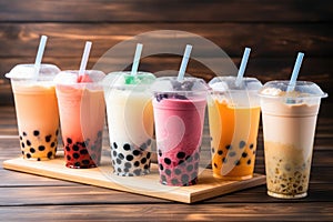 Plastic cups of different tasty bubble tea. Row of fresh boba bubble tea glasses. Generative AI