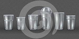 Plastic cups. Disposal coffee drink mugs isolated mockup, realistic 3D packaging for food and beverages. Vector