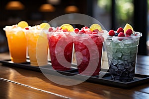 Plastic cups hold frozen fruit slushies, aligned in a colorful, frosty row