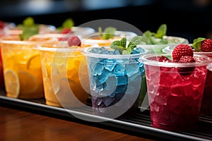 Plastic cups hold frozen fruit slushies, aligned in a colorful, frosty row