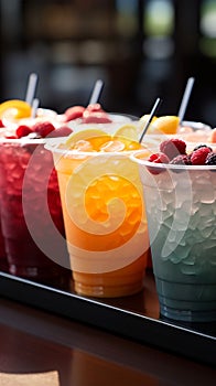 Plastic cups hold frozen fruit slushies, aligned in a colorful, frosty row